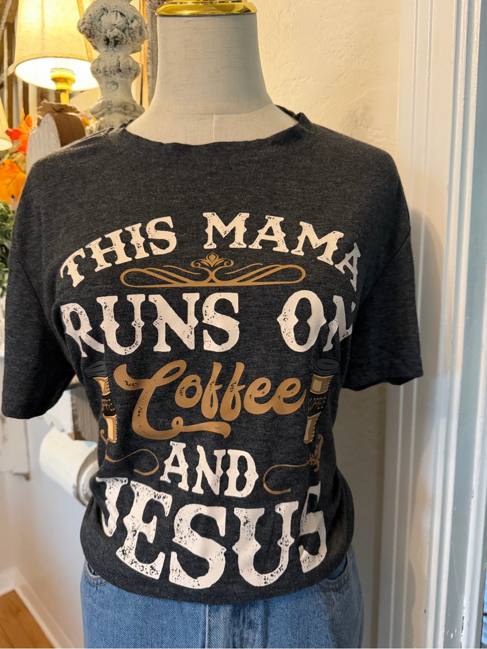 Graphic Tee - This Mama Runs On Coffee And Jesus - Dark Grey